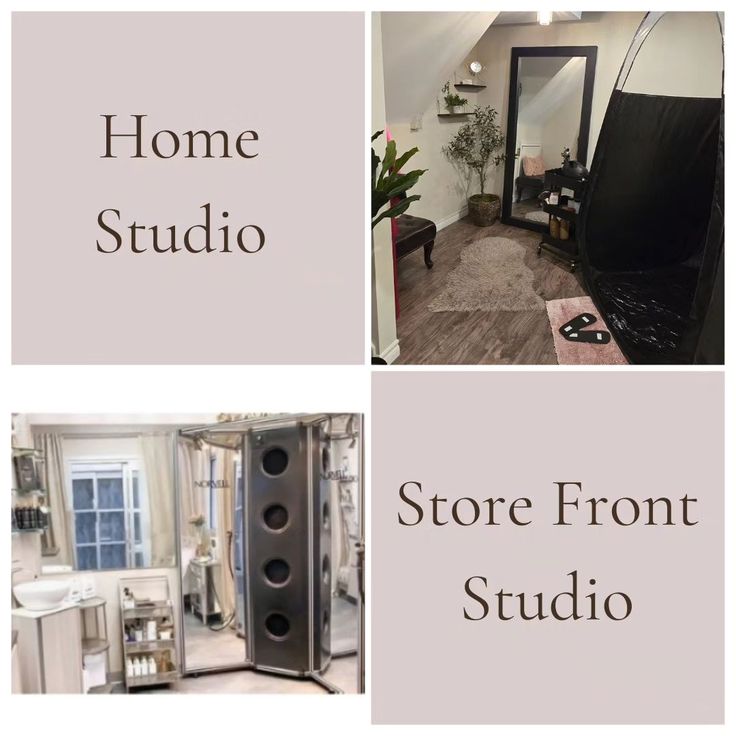 the front and back sides of a home studio, with pictures of furniture in it