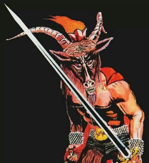 an image of a demon with two swords in his hand and one on the other side