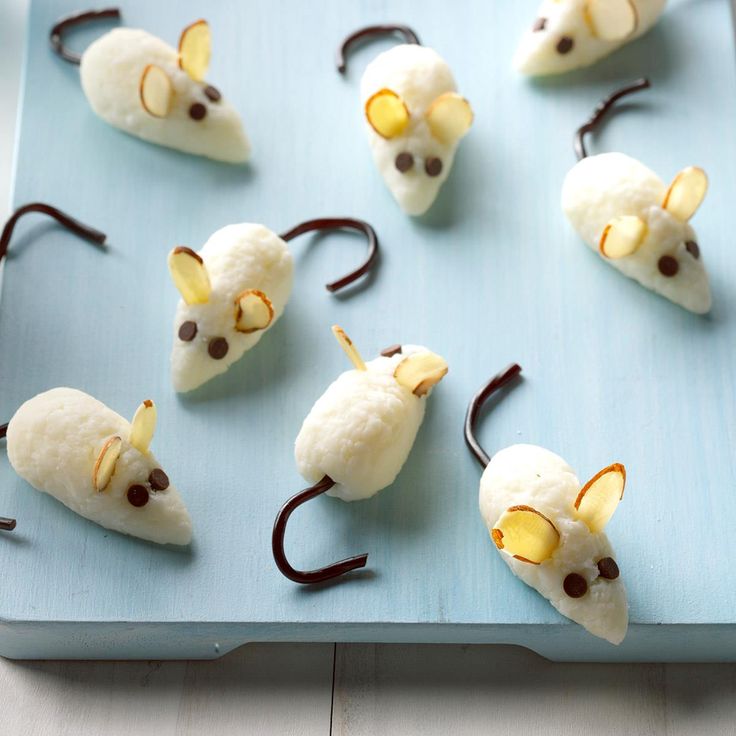 the mice are made from banana peels and have chocolate eyes on their ears as if they were mouse heads