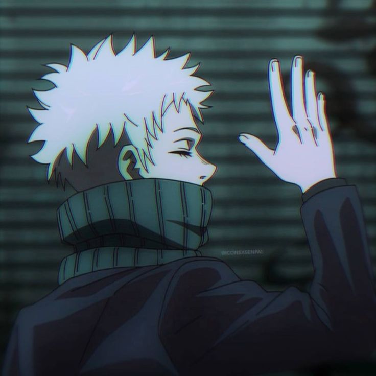 an anime character with his hand up in the air