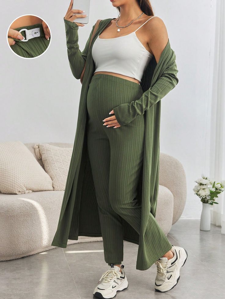 2pcs Maternity Outfit - Adjustable Waist Cardigan Jacket And Skinny Pants Set Green Casual    Plain  Medium Stretch  Maternity Clothing, size features are:Bust: ,Length: ,Sleeve Length: Maternity Outfits For Plus Size Women, Fall Pregnant Outfits, Cute Maternity Outfits For Winter, Holiday Maternity Outfits, Pregnant Winter Outfits, Comfortable Maternity Outfits, Maternity Outfits Fall, Maternity Pants Outfit, Maternity Two Piece