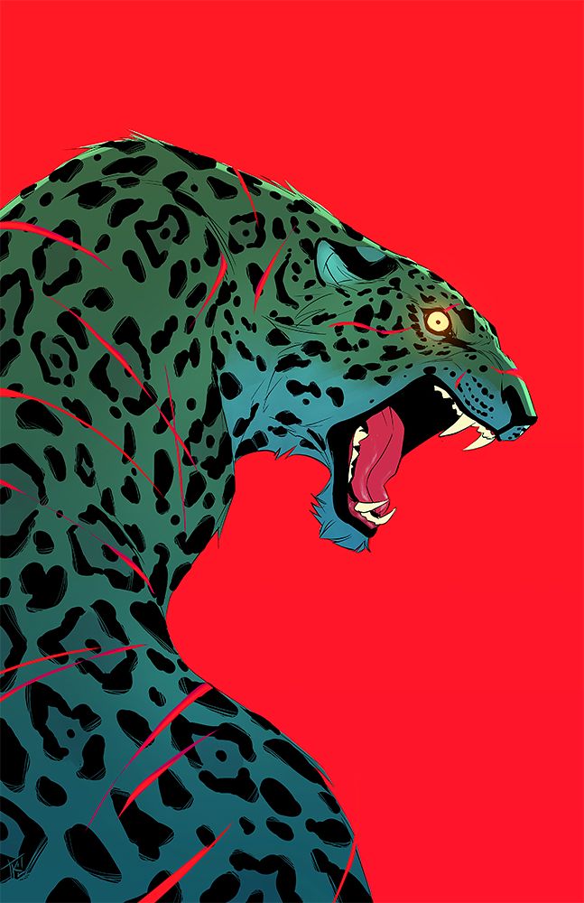 a leopard with its mouth open on a red background