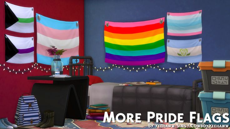 there is a room with many different colored flags hanging on the wall and a table in front of it