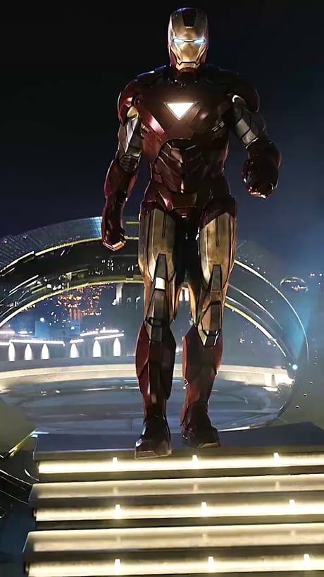 iron man standing on steps in the dark