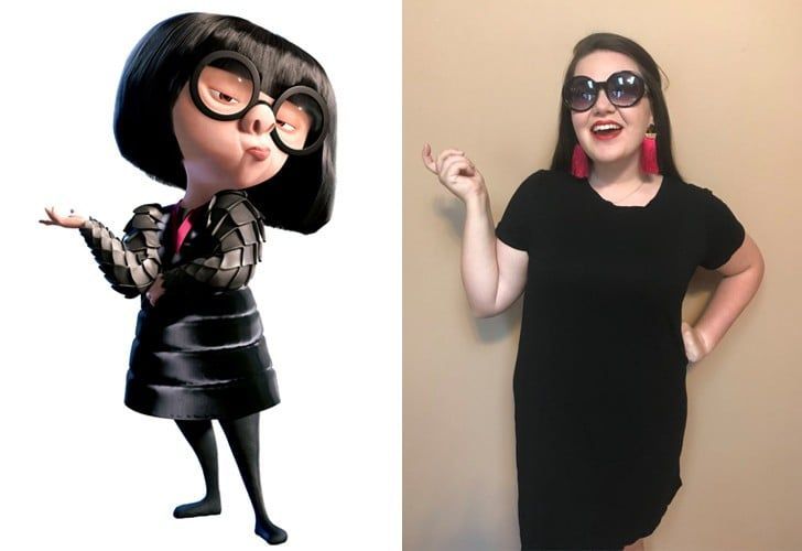 a woman in black dress next to an image of a cartoon character with glasses on