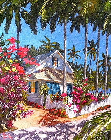 a painting of a house surrounded by trees and flowers