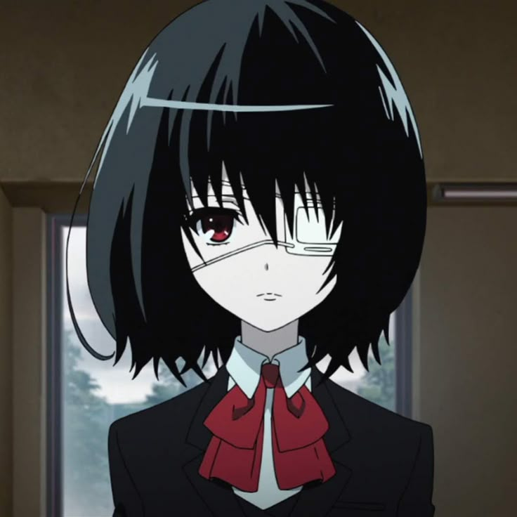 an anime character with black hair and red eyes looking at the camera while standing in front of a window