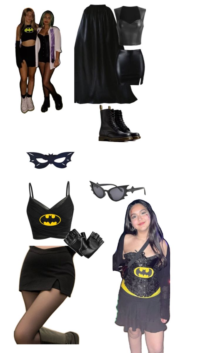 several different costumes and accessories are arranged in the shape of a batgirl, batman costume,