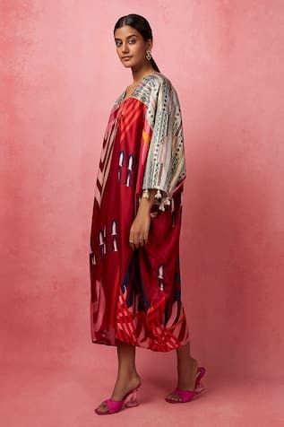 Multicolour kaftan with abstract geometric prints and sequin embroidered yoke. - Aza Fashions Navratri Silk Dress With Digital Print, Festive Multicolor Printed Kaftan, Red Silk Kaftan For Eid, Multicolor Ikat Print Kaftan For Festive Occasions, Festive Silk Kaftan With Digital Print, Festive Red Kaftan With Printed Motifs, Eid Multicolor Block Print Kaftan, Multicolor Printed Kaftan For Navratri, Multicolor Printed Motifs Kaftan For Navratri