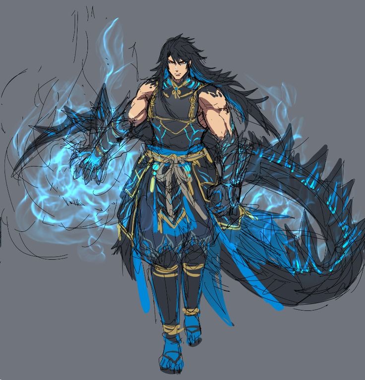 an anime character is standing in front of a blue fire and ice dragon like creature