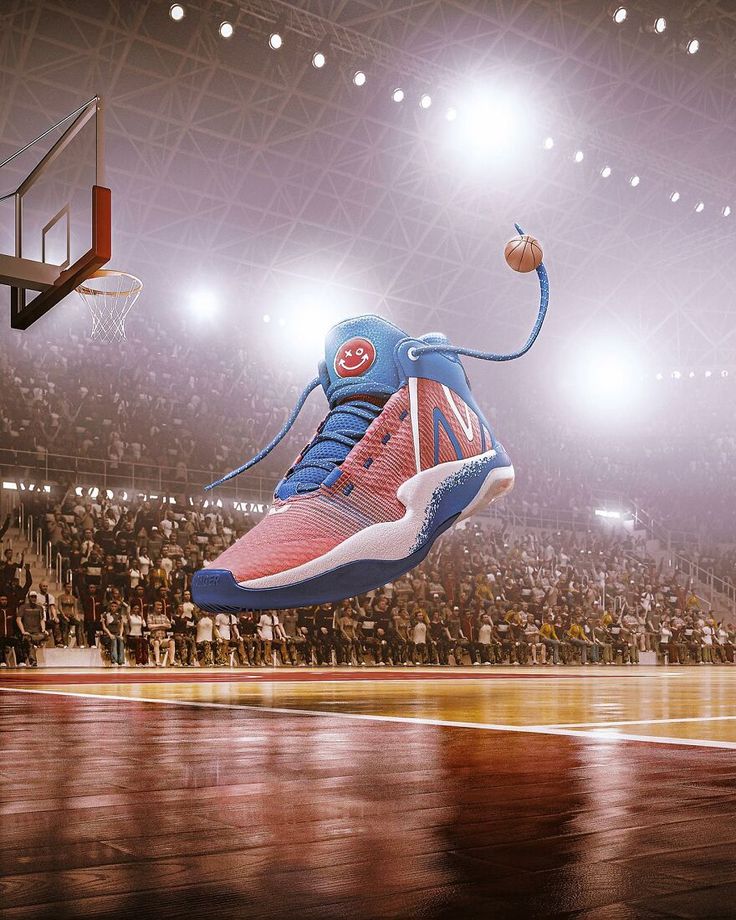 an image of a basketball shoe in the air with people watching from the sidelines