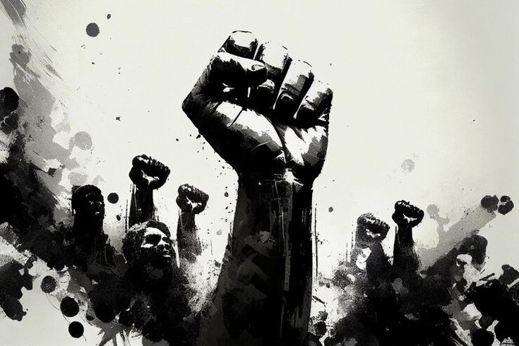 a black and white photo of a fist raised in the air with lots of ink splatters around it