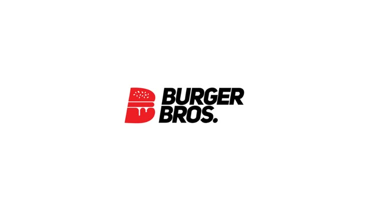 the burger bros logo is shown in black and red, with an image of a hamburger on