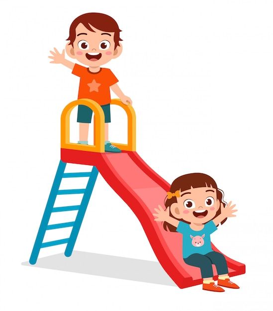 two children playing on a slide with their arms in the air and one child sitting on it