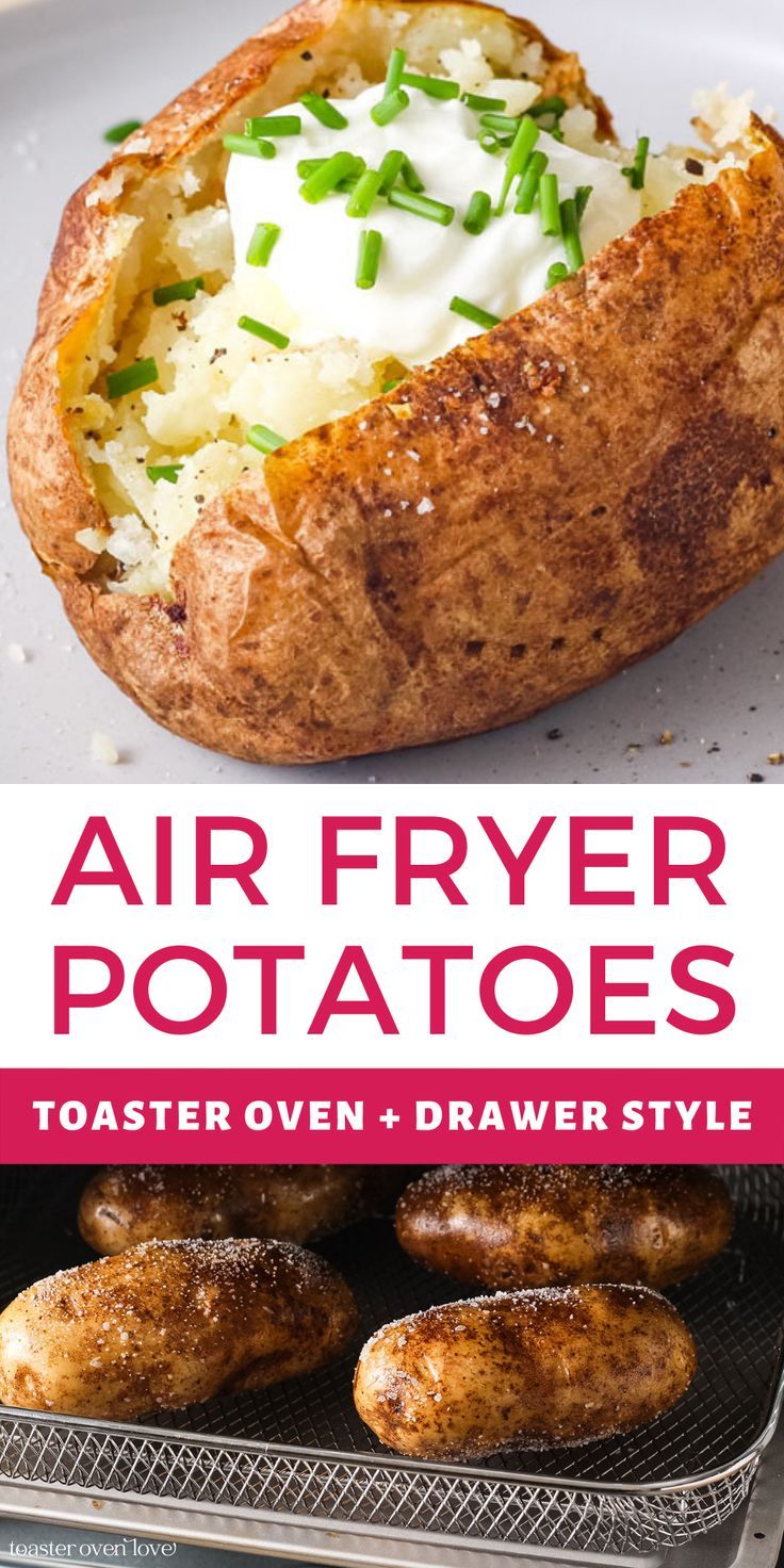 Baked potato topped with Greek yogurt and chopped chives and oiled potatoes baking in an air fryer toaster oven basket. Homemade Sweet Potato Fries, Air Fry Potatoes, Air Fryer Baked Potato, Cooks Air Fryer, Homemade French Fries, Air Fryer Oven, Air Fryer Oven Recipes, Air Fry Recipes, Fast Recipes