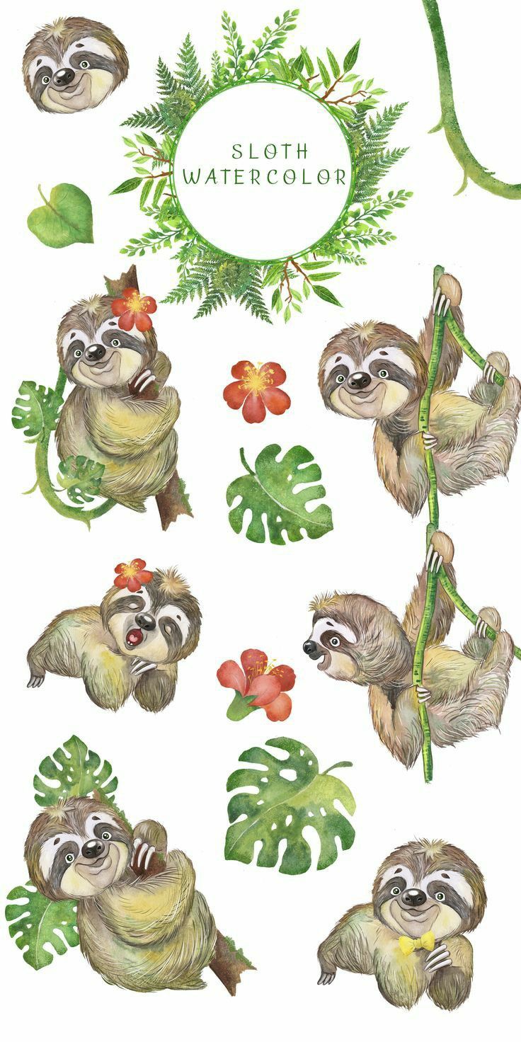 sloth watercolors with tropical leaves and flowers in the bottom right hand corner