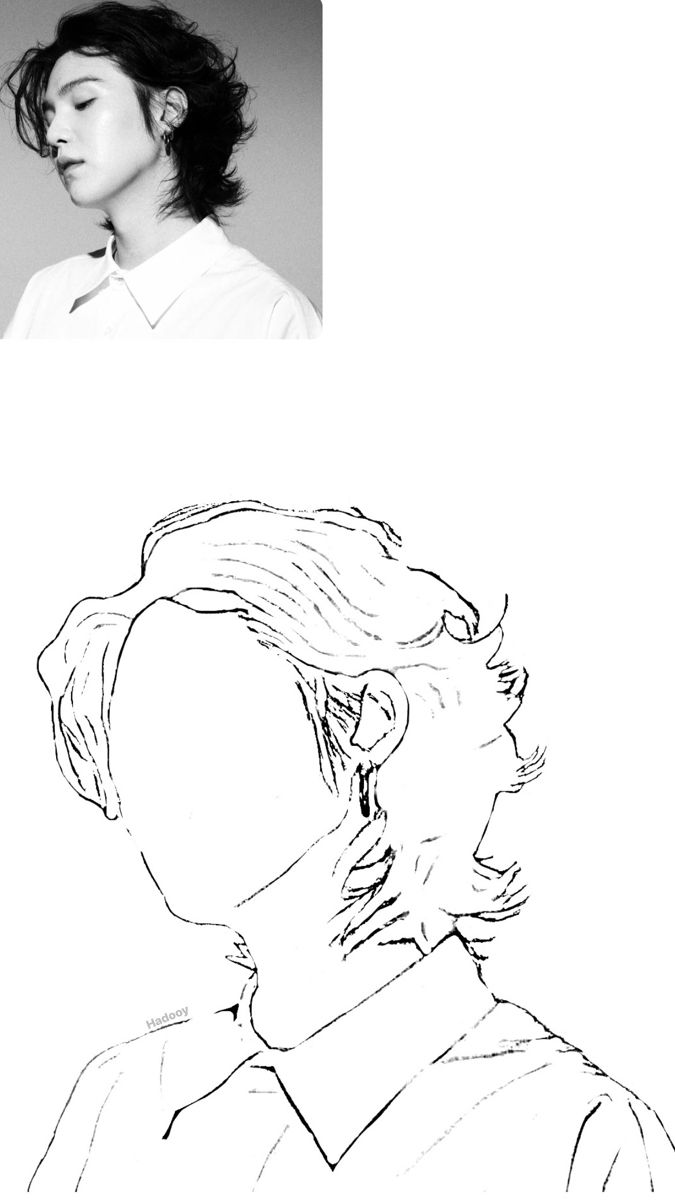 a drawing of a man with his hair pulled back and an image of a woman's face