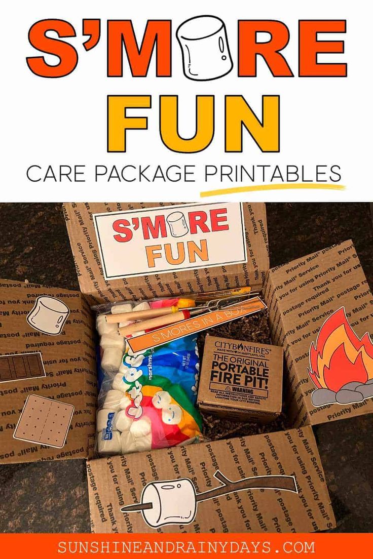 an open box filled with smore fun care package printables