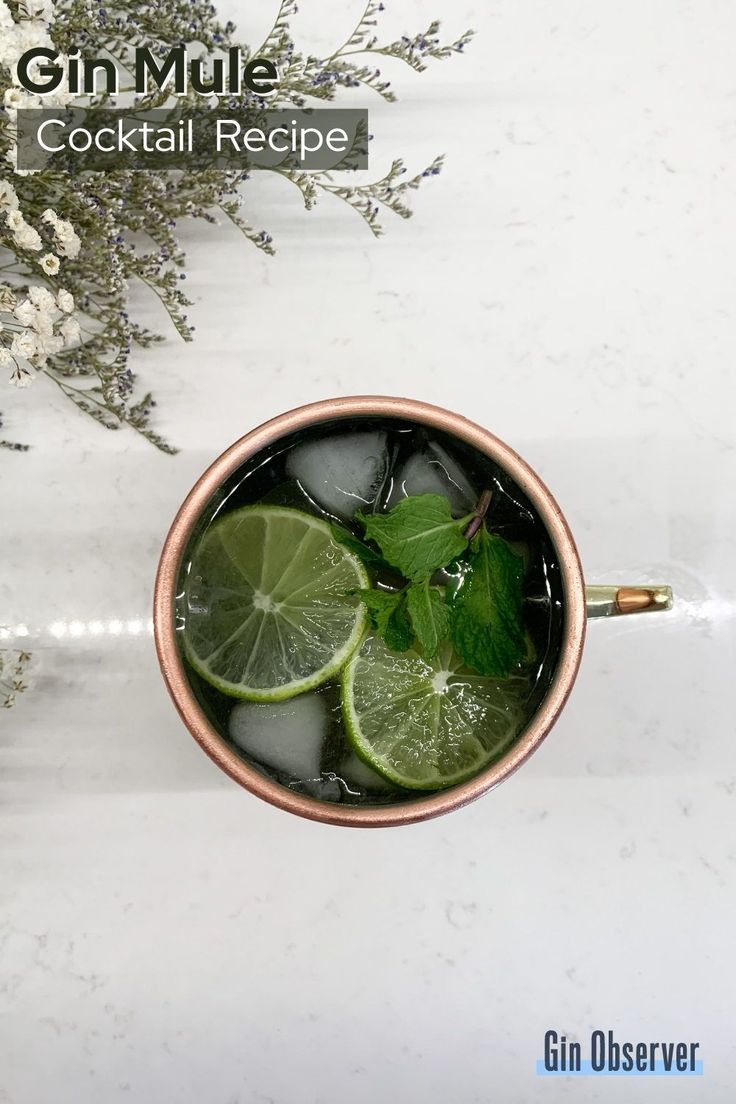 the gin mule cocktail recipe is ready to be served in a copper mug with ice and lime slices