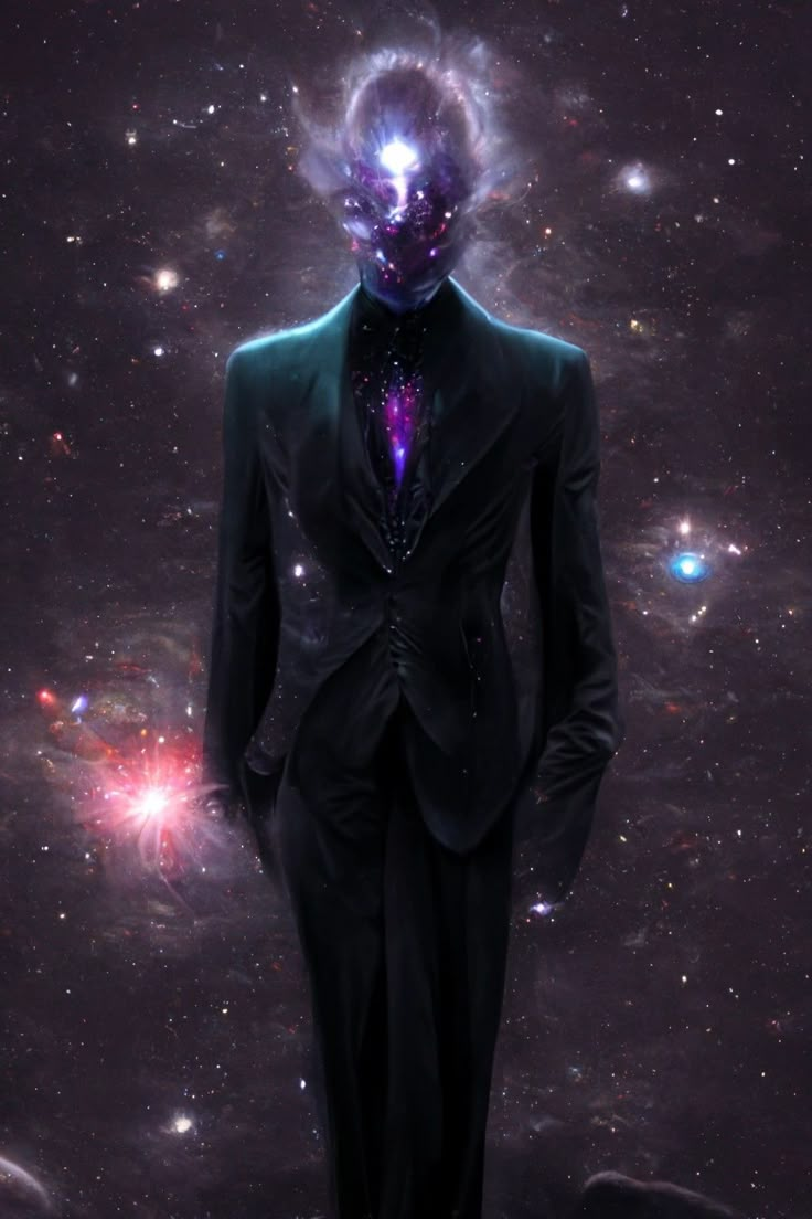 a man in a suit and tie standing in front of a space filled with stars