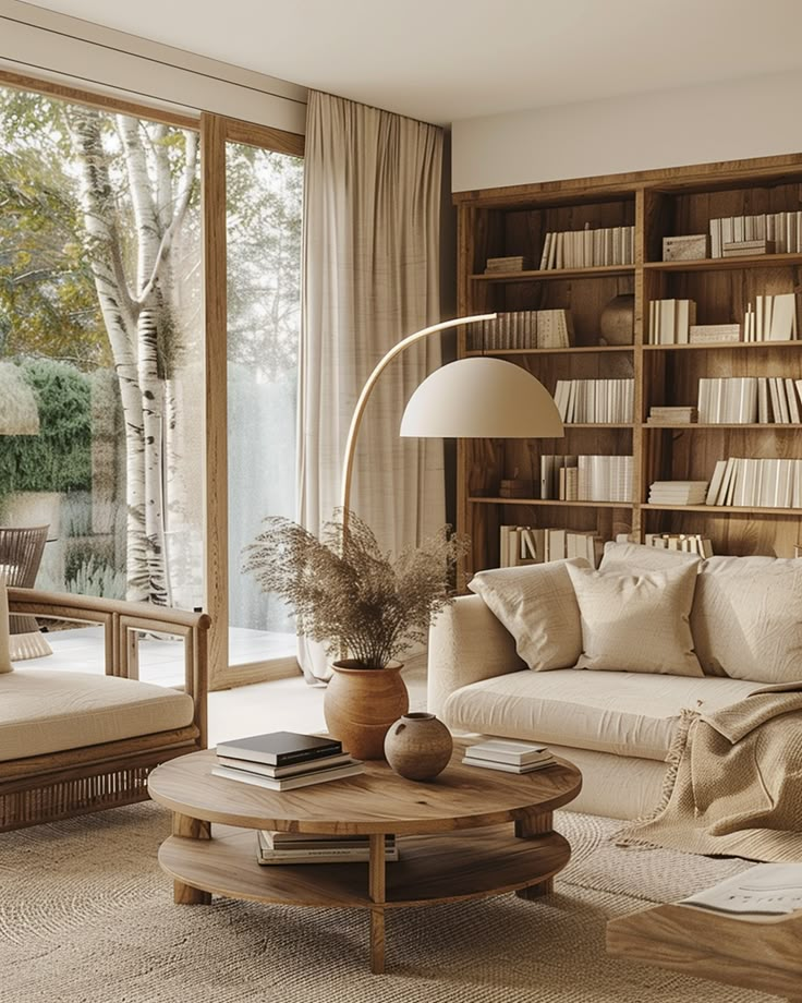 a living room filled with lots of furniture and bookshelves next to a window