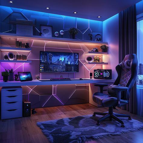 a room with a desk, chair and computer on the wall is lit up by blue lights