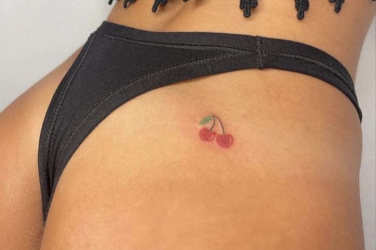 Cherry Tattoo Red Ink, Tiny Tats Matching, Cherry Tattoos For Women, Pacha Cherry Tattoo, Cherry Chest Tattoo, Red Cherries Tattoo, Cherry Tattoo On Hip Bone, Cherry Ankle Tattoo, Cherry Lower Back Tattoo