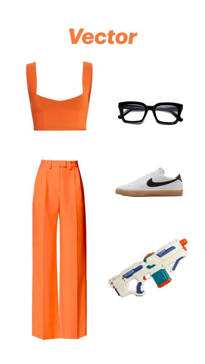 an orange outfit with sunglasses, sneakers and a pair of glasses