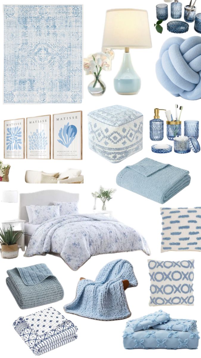 a collage of blue and white items including blankets, rugs, pillows, lamps