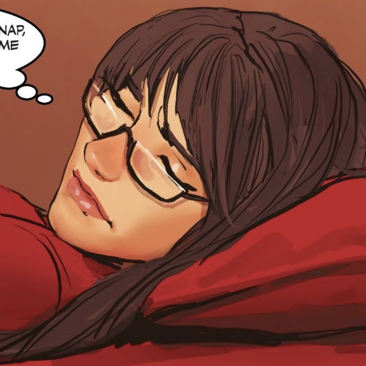 a woman with glasses laying on top of a bed next to a thought bubble above her head