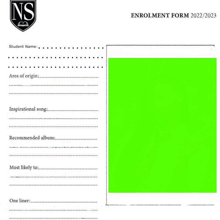 an image of a green sheet of paper with the words enrolment form 22 - 22