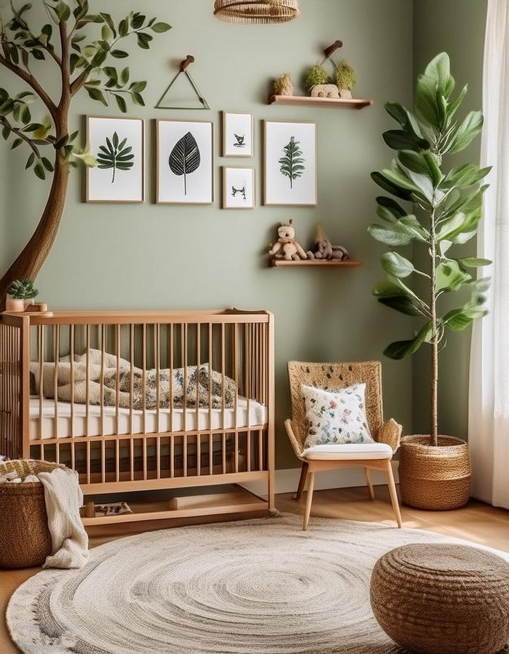 a baby's room with green walls and pictures on the wall, including a crib