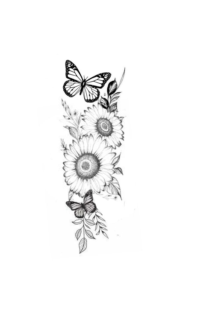 a black and white drawing of sunflowers with butterflies