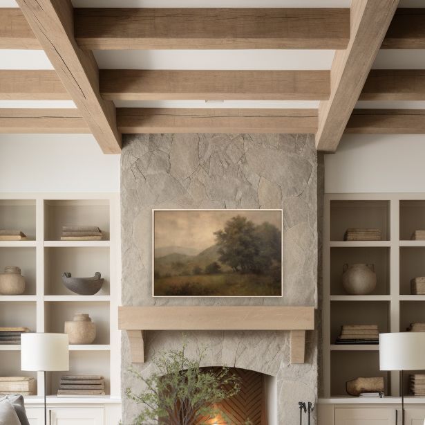 a living room filled with furniture and a fire place in front of a stone fireplace