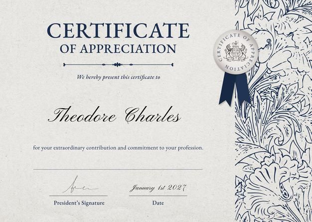 certificate of appreciation to theodore charles