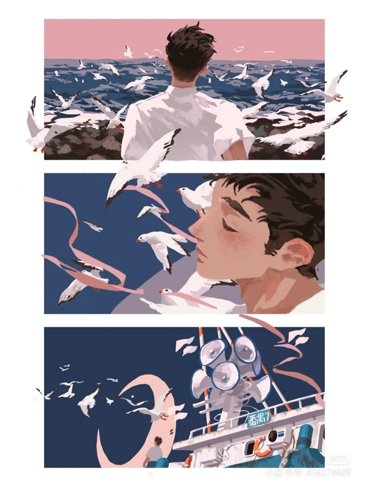 two pictures with birds flying over the ocean and a man in white shirt looking at seagulls