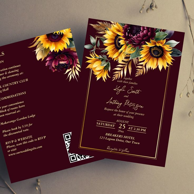 two burgundy and gold wedding cards with sunflowers