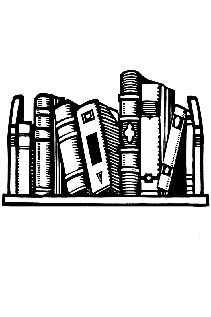 a black and white drawing of books on a shelf