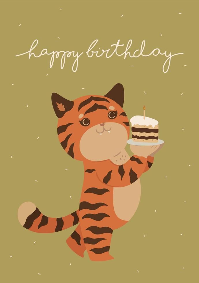 a birthday card with a tiger holding a cake in it's paws and the words happy birthday