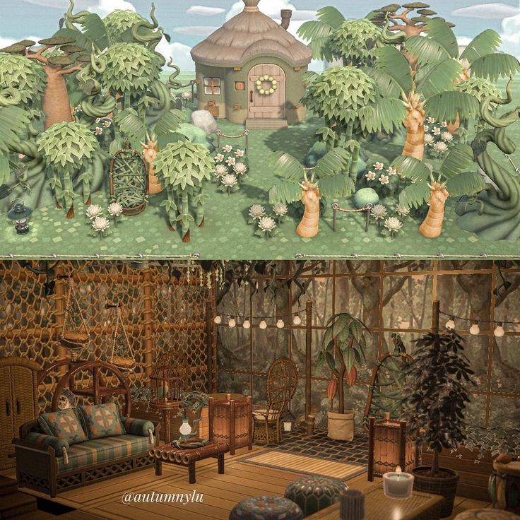 two pictures of the same room with plants and animals