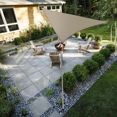 an outdoor patio area with chairs, table and umbrella