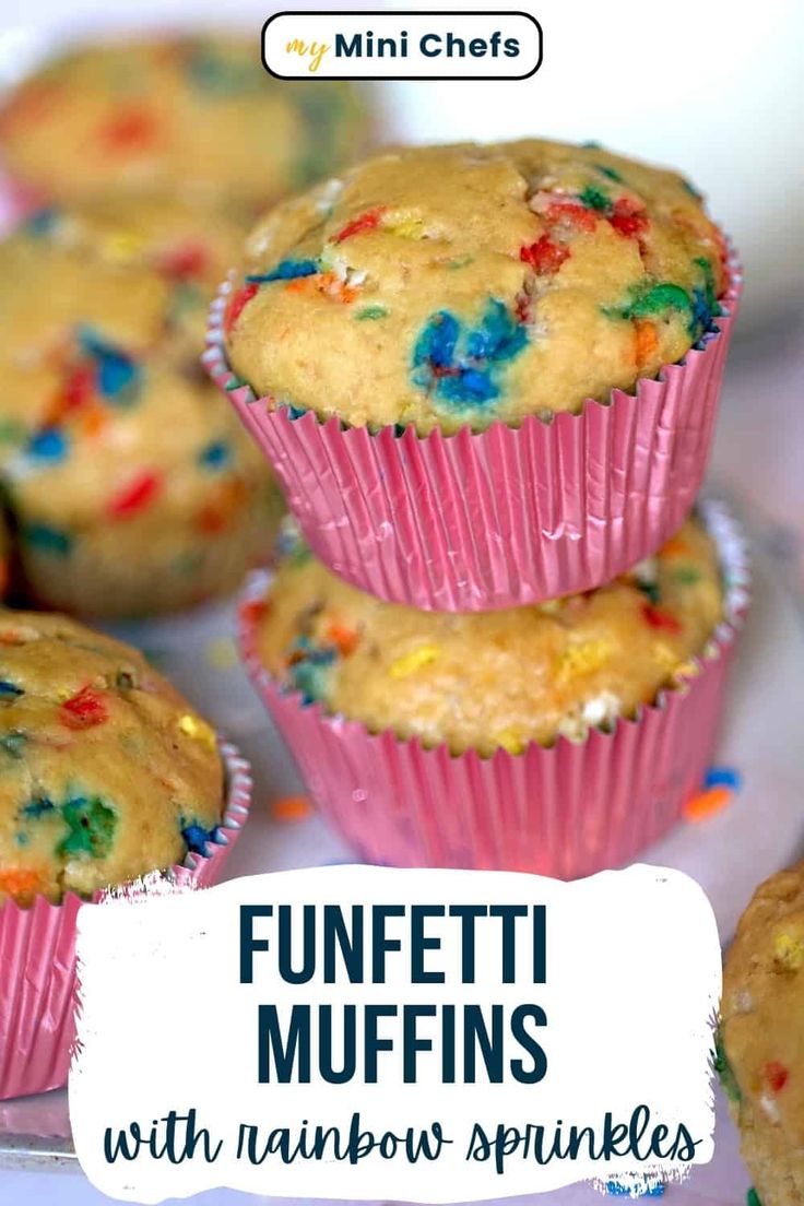 muffins with rainbow sprinkles are stacked on top of each other