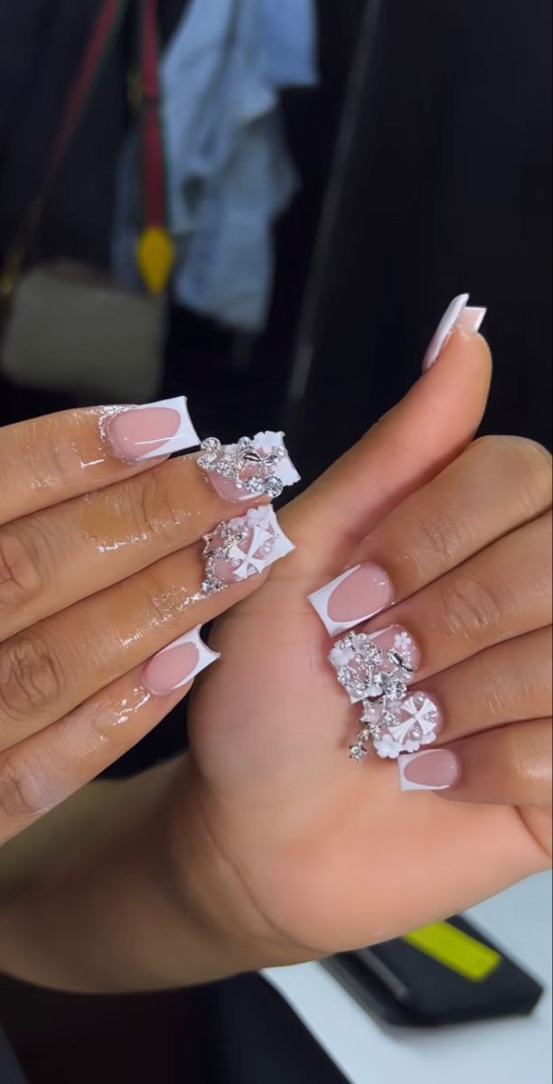 Short Square Designs Nails, 21st Birthday Nails French Tip, Nail Shop Acrylic Nails, Short Birthday Nails With Charms, Cute Short Nail Sets With Charms, Pink And White Nails Aesthetic, Short Nails Acrylic Bling, Short Nails Acrylic Charms, Short Nails With A Lot Of Charms