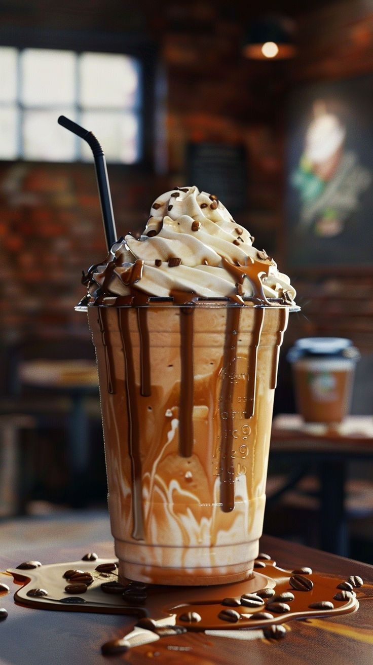 a chocolate milkshake sitting on top of a wooden table