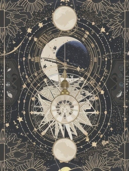 an art nouveau poster with the moon, stars and planets in gold on black background