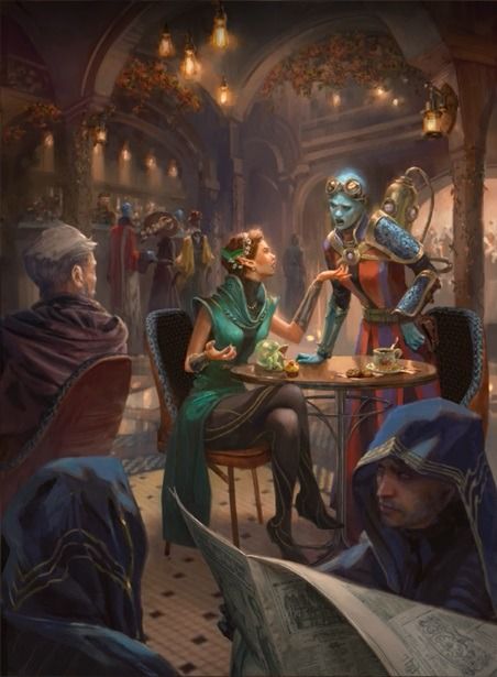 a painting of two people sitting at a table in front of an alien man and woman