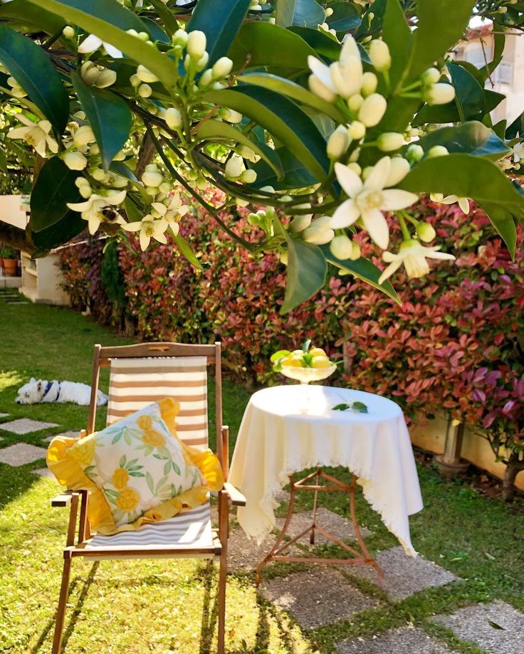 a table and chair in the grass with flowers on it