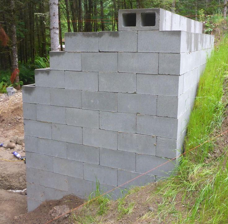 a cinder block wall in the middle of a forest with grass and trees around it