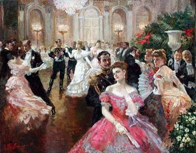 a painting of people dancing in a ballroom