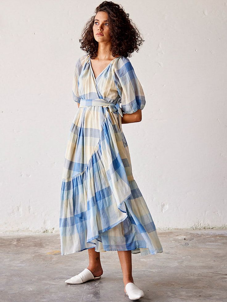 Summer Break Dress DRESSES KHARA KAPAS Cotton Wrap Dress, Checkered Dress, Blue Checkered, Check Dress, Work Party, Summer Break, Checkered Pattern, Summer Cotton, Tiered Dress